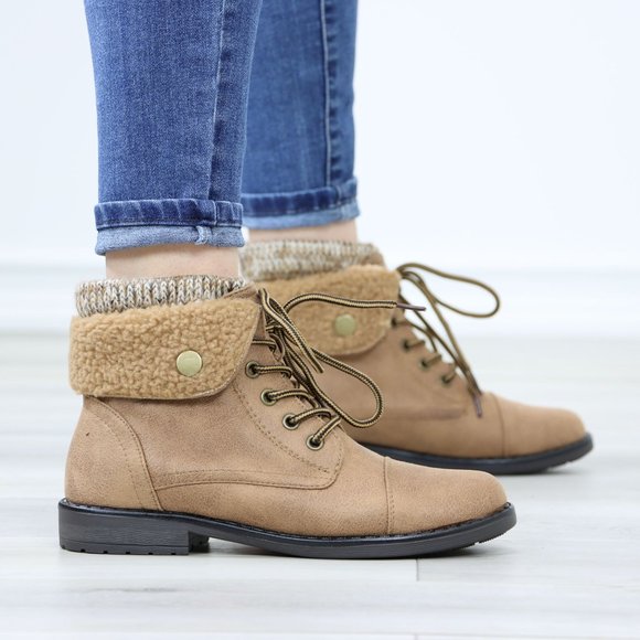 Sherpa Ankle Lined Combat Flat Heel Ankles Boots Tan Faux Leather - Picture 3 of 12